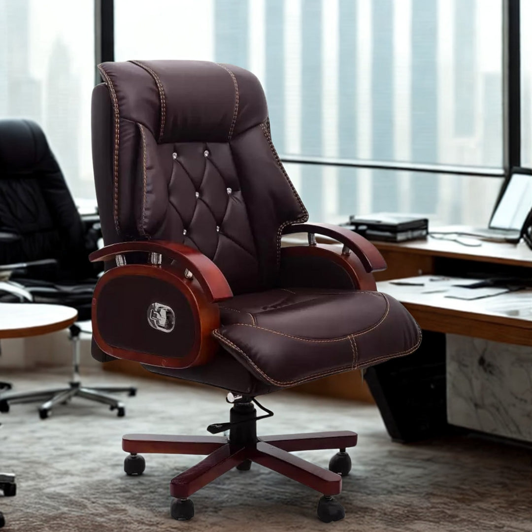 High Back Premium Leatherette Wooden Base & Handle Boss Office Chair for Director & Executive Chairs Revolving Recliner Swivel Height Adjustable Soft Heavy