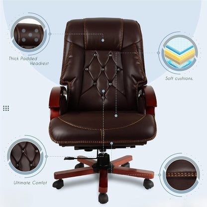 High Back Premium Leatherette Wooden Base & Handle Boss Office Chair for Director & Executive Chairs Revolving Recliner Swivel Height Adjustable Soft Heavy